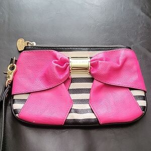 Betsey Johnson Pink and Black Striped Clutch